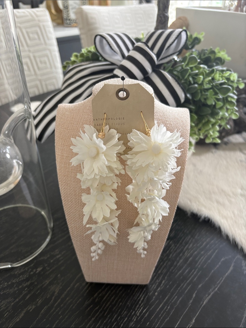 Anthropologie Cream Cascading Floral Statement Earrings